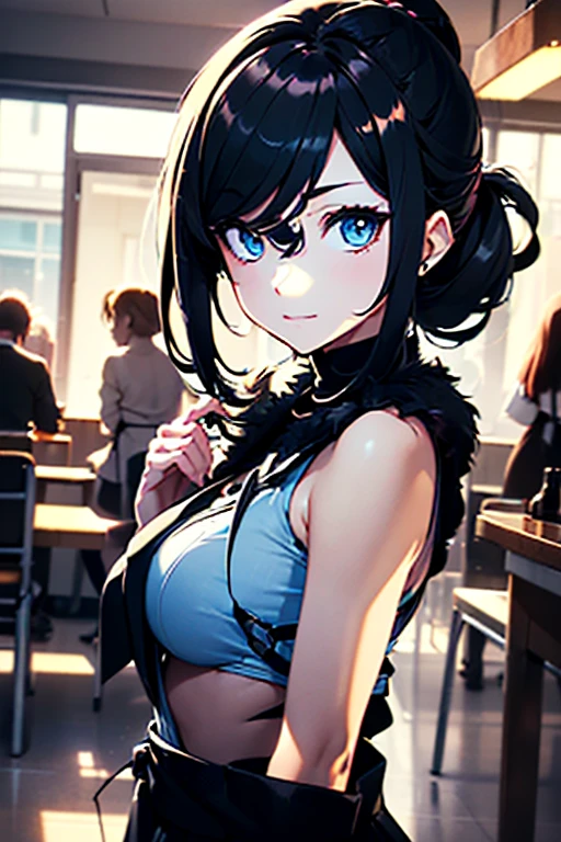 (from below:1.2),(from side:0.9), ((cute Face)), (Close-Up:0.6), ((looking at viewer, holding a icecream)),(Italian sweets magazine cover:0.4), highest quality、(real、photorealistic:1.5),(ultra high resolution,dark blue hair,long hair,side ponytail,hair between eyes,bangs, (beret, black jacket, open clothes, cleavage, midriff, black shorts, black thighhighs, thigh strap, fingerless gloves, single glove:1.2), (double breasted,under bust:1.2), sitting at a table, cute, anime visual of a cute girl, cute anime girl, eating cakes, young anime girl, guweiz, high quality anime artstyle, anime girl, artwork in the style of guweiz, beautiful anime girl, pretty anime girl, (anime girl), official artwork,(with sparkling eyes and a contagious smile),her thin pubic hair, looking at viewer, pose muy sexy" 