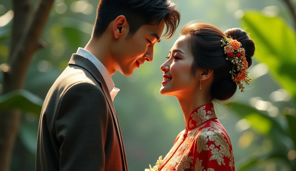 cinematic still, A shot of newly married Chinese-Taiwanese couple,highly detailed skin with hair , emotional, harmonious, vignette, 4k epic detailed, shot on kodak, 35mm photo, sharp focus, high budget, cinemascope, moody, epic, gorgeous, film grain, grainy,
