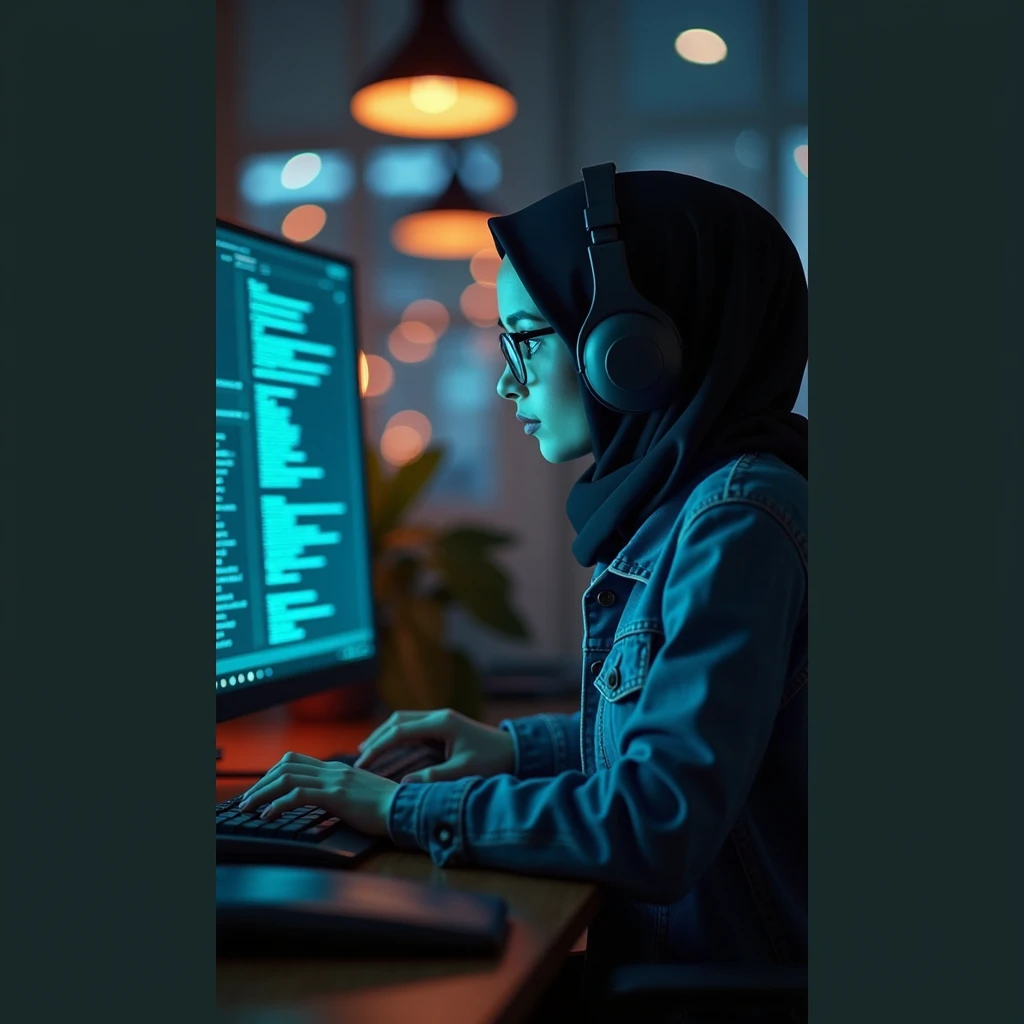 A 22 years old cute girl sitting on a chair with laptop..busy to writing a code. With a side position.She wearing a full hijab with udercap. And a back screen is coading screen on the top name show "pirah" . The face is showing half side with full laptop. The dressing is white with pink scarf. Skin tone white wearing a watch in her hand. Small eyes