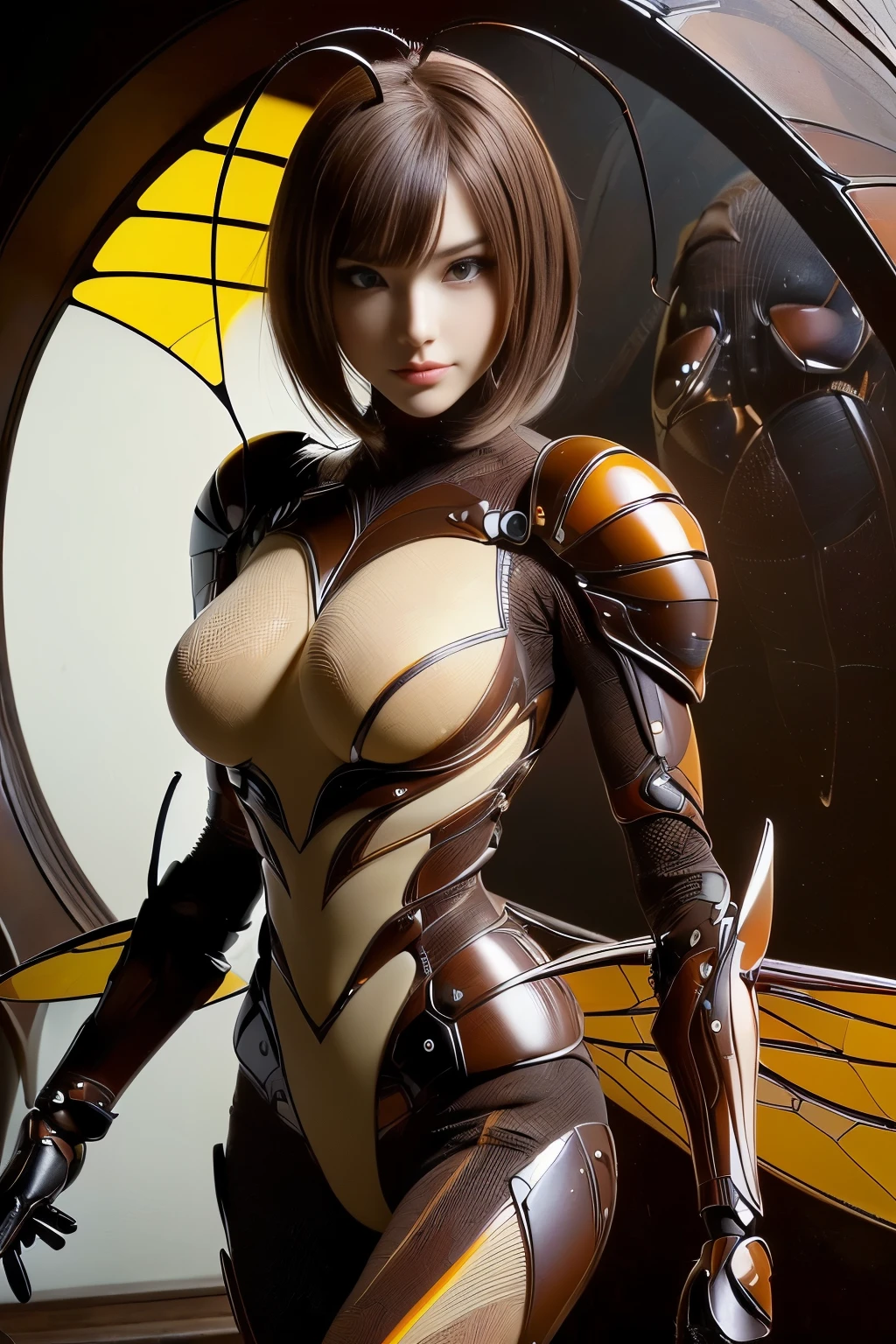 (high resolution,masterpiece,best quality,extremely detailed CG, anime, official art:1.4), realistic, photo, amazing fine details, all intricate, gloss and shiny,awesome many layers, 8k wall paper, 3d, sketch, kawaii, illustration,( solo:1.4), perfect female proportion,villainess, (fusion of dark brown cockroach and lady:1.4), (brown cockroach form lady:1.2), (brown cockroach lady:1.2), (fusion:1.2), (solo:1.4), (evil smile:1.2), muscular, abs, (cockroach brown exoskeleton bio insect suit:1.4), (cockroach brown exoskeleton bio insect armor:1.2), (brown transparency cockroach wing:1.4), (brown cockroach antennae:1.3),