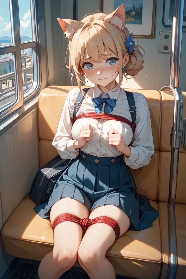 pieces fly、masterpiece、highest quality、Super detailed、High resolution、High resolution、8K portrait、Unity 8k壁紙のHigh resolutionCG、unity 8k wallpaper、cute type little:1.5、:1.5、Highly detailed CG unity 8k wallpaper、realistic、real person、cute type little、 portrait photography、shiny skin、High resolution、(:1.2)、(1 girl)、beautiful clear eyes、very detailed explanation、delicate face、nice lips、slender body、Same with big breasts thin waist、thin legs、(on the train:1.6)、1 girl, cute type, perfect face, seriously, (blush:1.5),(golden hair ponytail:1.2),((there are many people nearby:1.4)),Same with big breasts,((school uniform:1.2)),(((clothing lift:1.5))), (((I have nipples))), Detailed description vagina,show vagina,spread legs,spread ,((Orgasm in the vagina:1.5))