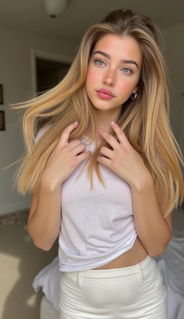 italiana hermosa from 18 years old, brown blonde ,rostro angelical y tierna , long hair semi updo hairstyle thick waves blonde with light roots , in the bathroom with casual clothes, blouse and jeans ,(( foto realista de noche), ((pechos normales )),((rostro angelical)),((foto entera de cuerpo con ropa ),((blonde hair with roots )), ((ropa de noche), cabello rubio ,Ojos verdes claros muy detallados , cuerpo completo ,Realista, un sexy ,muy elegante, of celestial roots, rubia pelo, con ropa ,de noche,LUT de Instagram, from 18 years old 