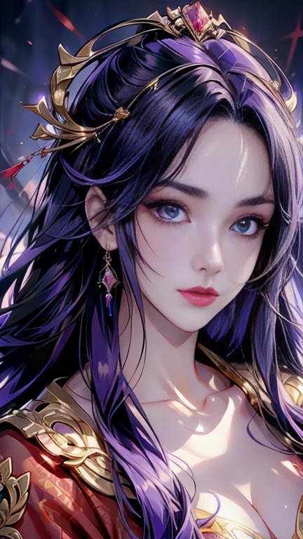 A fifty-year-old with purple and black hair and a gold crown, Costume like a fortune teller