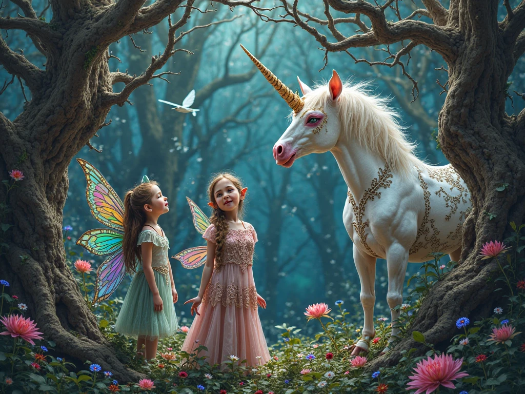 Fairy tale world, Wonderland Paradise, ((Tyndall effect)), Giant trees, golden light beam, fantasy creatures, Fairy, unicorn, Talking animals, Sweet floral aroma, sweet birdsong, dappled shadow, little girl in white robe, magic wand, colorful light spots, Far away magical country, imagination, secret, aventura