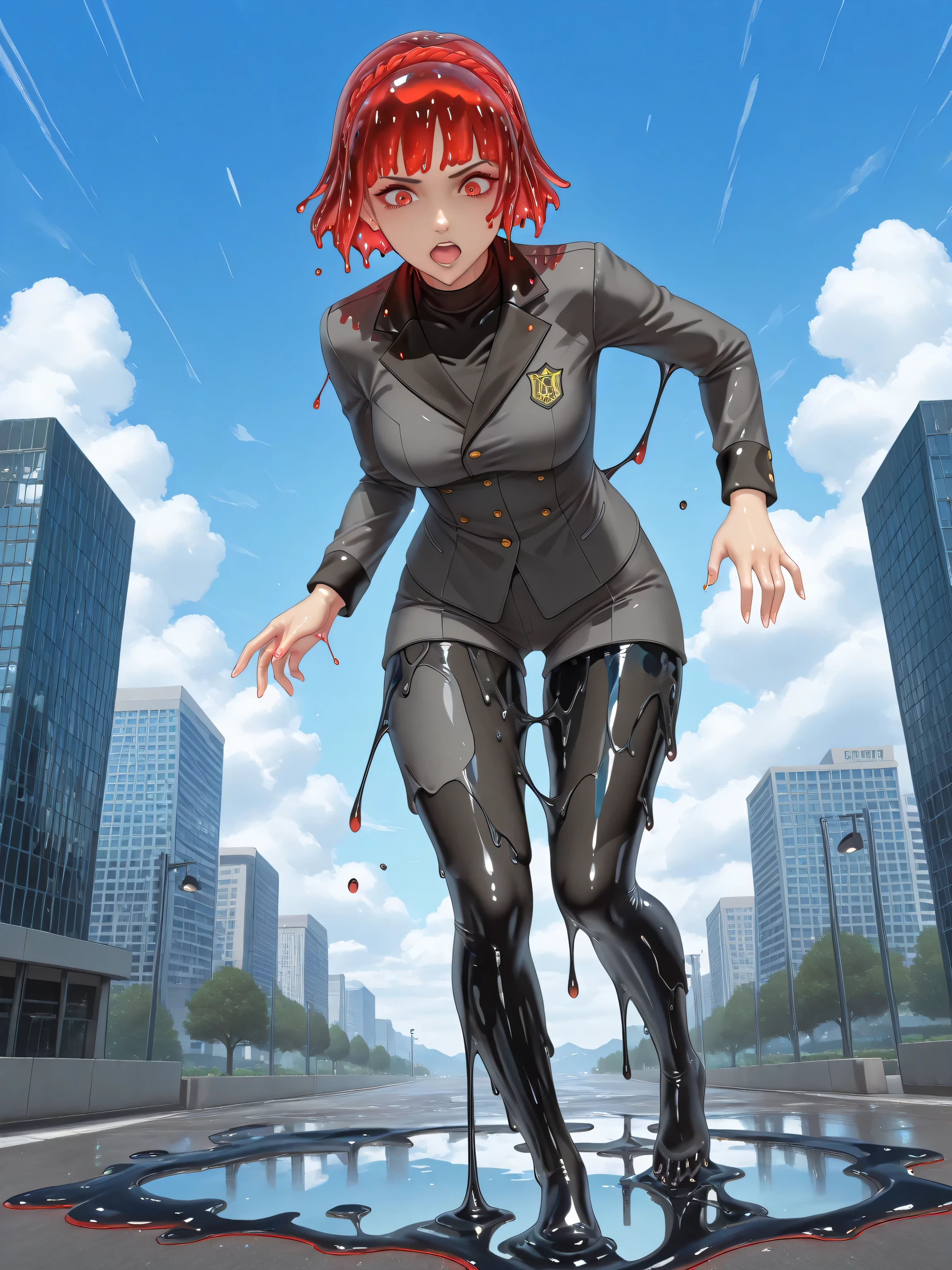 (Makoto Niijima, Makoto Uniform, transforming into a slimegirl, slimegirl transformation:15.0, translucent:5.0), melt, melting, fully melted:1.0, slimification, transformation, melt into a puddle:1.0, ultra high detail, slimegirl hair, melting hair