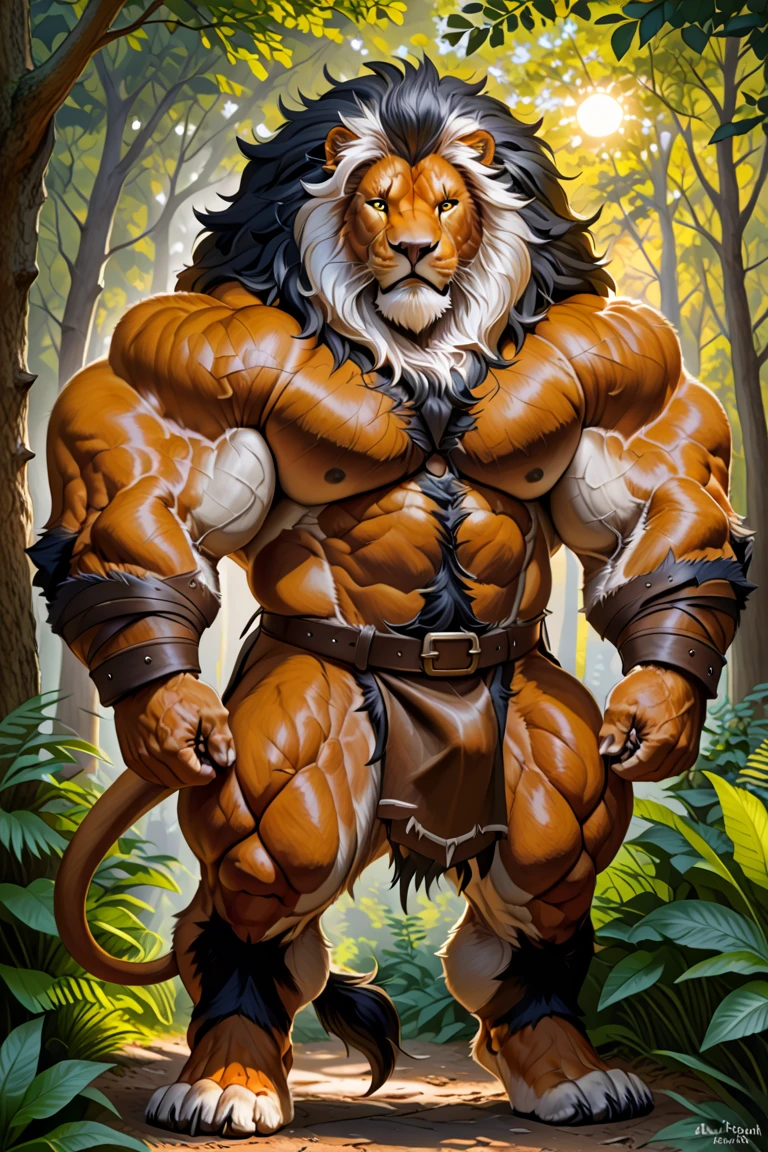 simba, white eyes, (pose:1.3), (posing:1.3), (soft shading), 4k, hi res, five fingers, detailed hands, ((detailed face, (detailed eyes:1.3), detailed)), (full body),(by takahirosi:1.5), solo, looking at viewer, 1boy, jungle, navel, standing, full body, male focus,((topless,bottomless)), abs, grass, biceps, flexing, smile, beige snout,