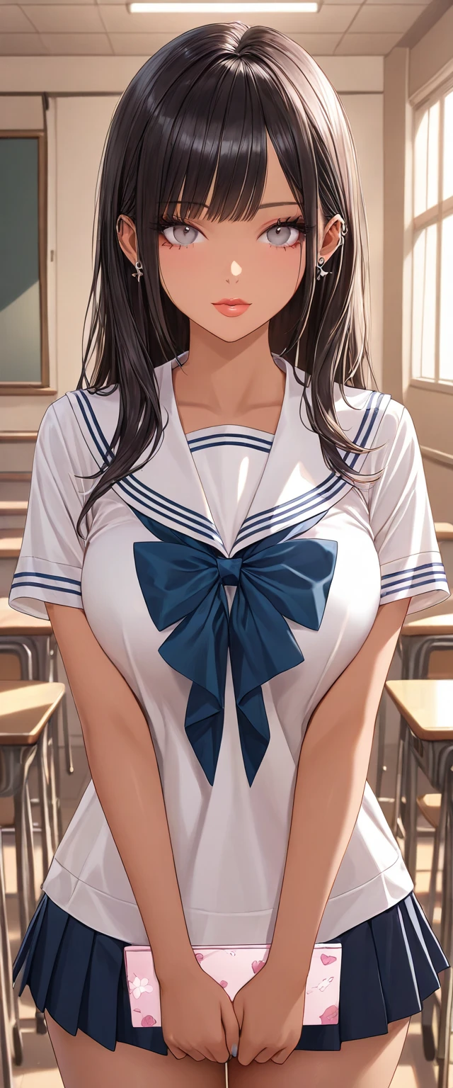 (8k,Photorealistic, masutepiece, Best Quality, Raw photo:1.3)、1girl in, 18years old,Solo,school girl, Long hair, Brown hair, Detailed beautiful face, alluring face, (Detailed beautiful brown eyes:1.2), big breasts,(underboob:1.3),(coverd nipples:1.1),(loos sailer uniform :1.35), ( Perfect body skinny beauty: 1.4),( temptation Pose:1.3), (Looking at Viewer, front view,eyes focus:1.2), Detailed background, (sunset:1.2), classroom,fine detailed, intricate detailes,  Ray tracing, depth of fields, seductive smile,classroom,