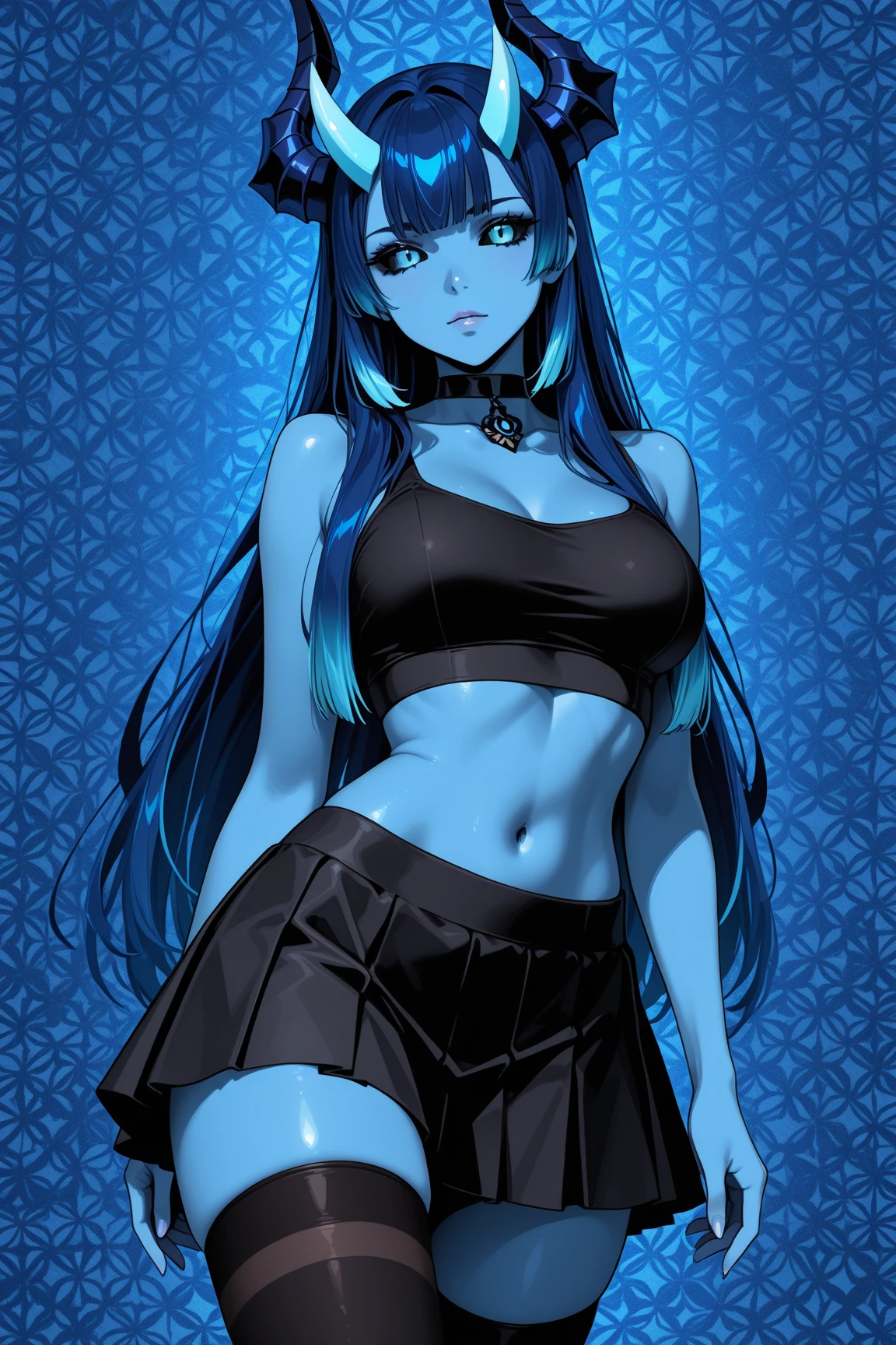 TheSpirit, floating hair ,((blue skin)),green eyes,navel, solo, beach, close up, blush,black skirt, SpiScho,very Long hair, fingernails, black stockings,huge black thighhighs, (insanely detailed, beautiful detailed face, masterpiece, best quality), spread legs, grab belly, ((black crop top)),wide hip