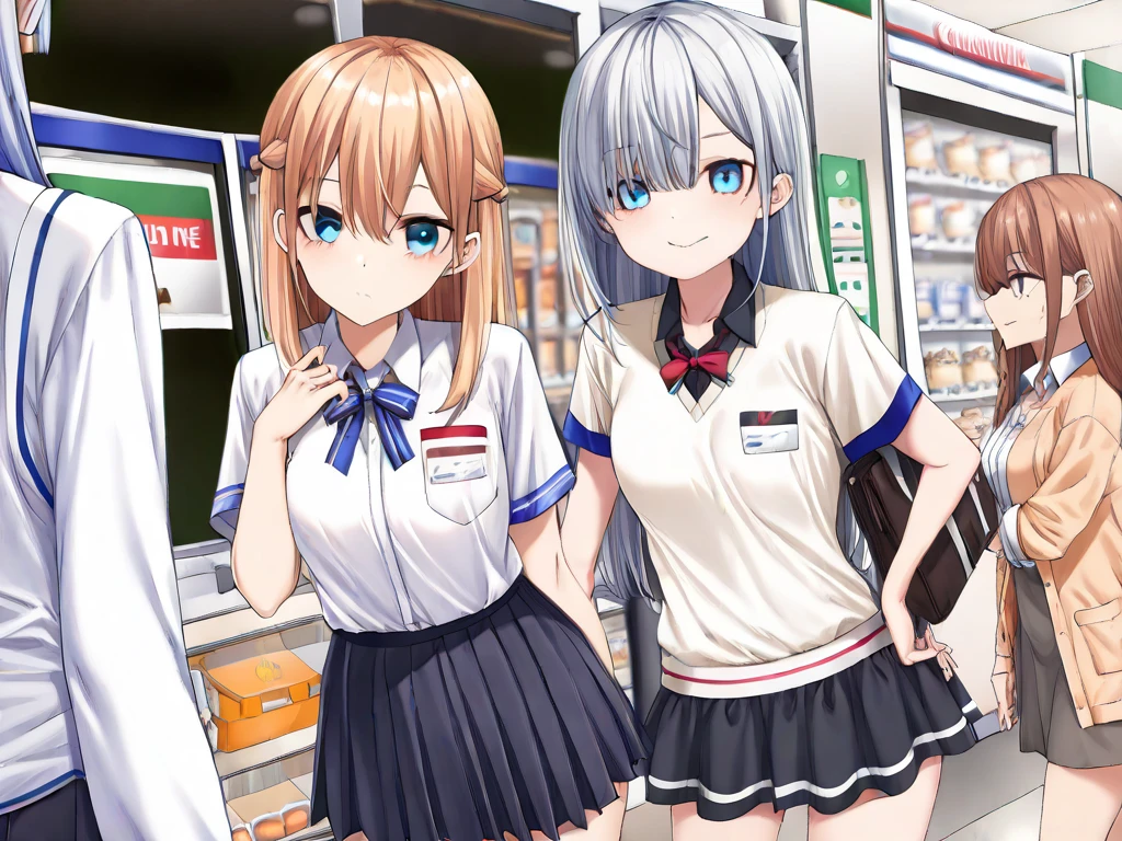 3 girls, triplets. Are stand, medium Hair, long hair, ponytail, pink hair, purple eyes, blue eyes, red eyes, cute white underwear, cute white dress, smile, 恥ずかしい, angry, (cowboy shot), (((showing underwear))), (((skirt lift by myself))), ((from front)), ((32K)), ((best quality)), ((ultra high res)), ((HDR)), ((uhd)), ((extremely detailed CG)), ((unity 32K wallpaper)), ((perfect anatomy)), nsfw,