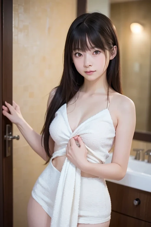 (natta:1.7), East Asian Architecture, 1womanl,Sitting on tatami mats, brunette color hair,(hair between eye), Lip flap, (sixteen years old:1.3),(Beautiful shiny straight short long:1.3),Beautiful fingers,Beautiful long legs,Beauty Body,Cute nose,Beautiful character design,perfect eyes,face perfect,looking at viewert,(Innocent_Big_Eyes:1.0),(light_Smile:0.3),offcial art,Very detailed CG Unity 8K wallpaper、Bright_front_Face_Lighting,(tmasterpiece:1.0),(best_quality:1.0), 超A high resolution,4K,ultra - detailed, photography of, 8K, nffsw, hight resolution, absurderes:1.2, Kodak Portra 400, film grains, Lens Flare Glow, (Beautiful_Face:1.5),8K,Raw photo, 、Relax at a hot spring ryokan in Japan、(The subject is my first hot spring trip with a girl:1.3) (Draw an open-air bath more widely:1.2) (Girls are not subjects:1.3) The rooms in the inn are cluttered (Girl Standing On Balcony:1.3) (Hair after a bath:1.3),((Naked with a bath towel wrapped around the side:1.3)) ,(Hair is wet:1.3),((Beautifully depicts depth and width:1.3)),((The open-air bath is surrounded by Japan garden and large rocks, With just two small lights.:1.3)),((You can see a beautiful starry sky and a beautiful moon:1.3))(Wrap a bath towel in the open-air bath:1.2)(Girls are not subjects:1.3),((Looking back while standing naked、People looking at them while turning around while showing their backs and buttocks:1.3))((white tender skin:1.3)),(Show thighs:1.2),(The sunset seen from the open-air bath is very beautiful.
