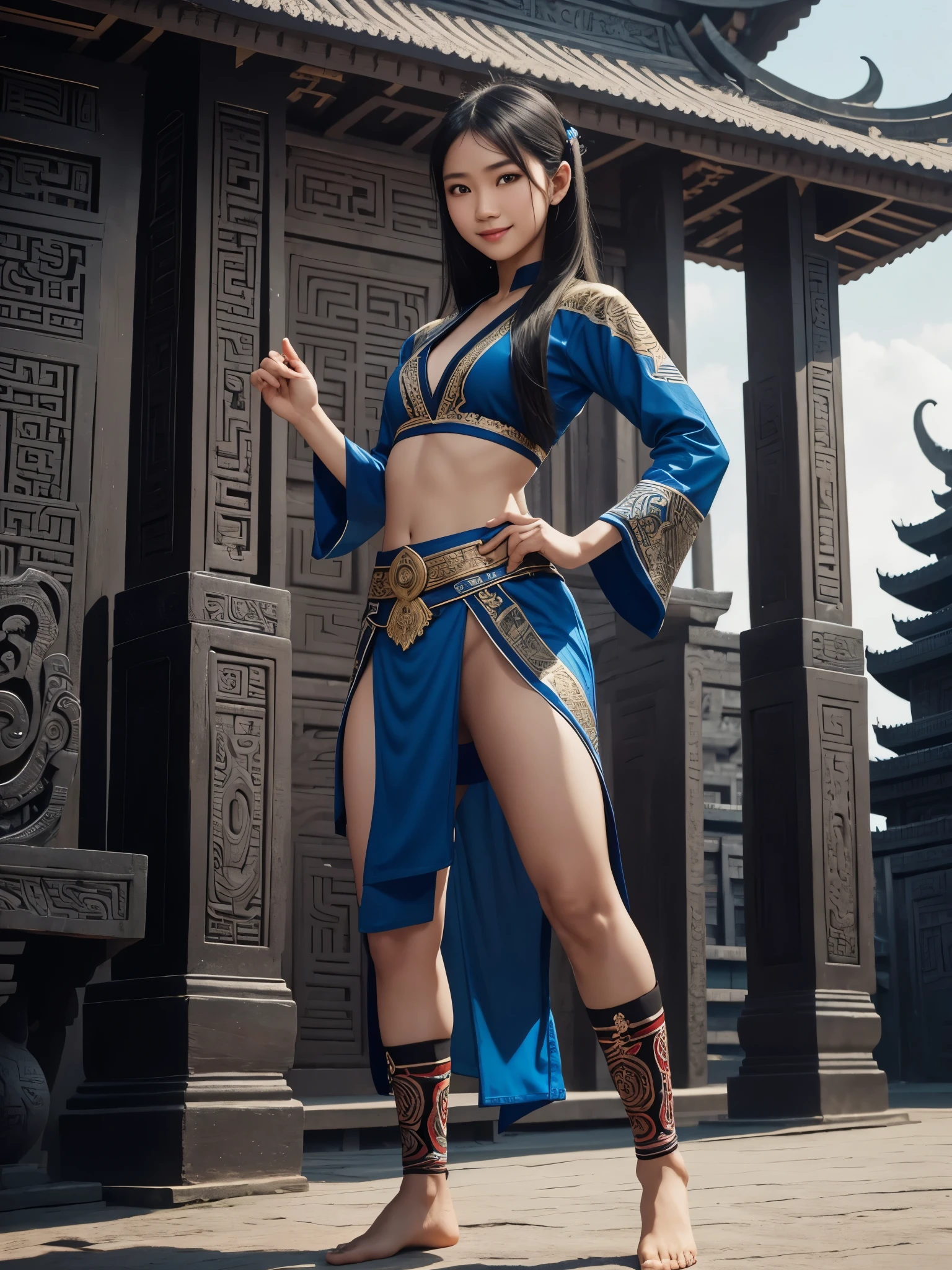 Beautiful Indonesian girl. White skin. Rookie martial artist. Silat girl. Black hair. Blue sexy silat outfit no pants. Small chest. Indonesian temple. Beautiful face. Standing pose. Full body picture. Smile.