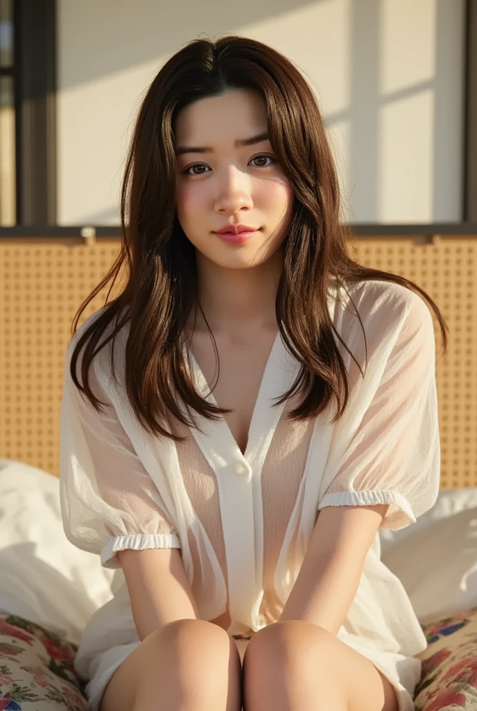 top quality, masterpiece, A high resolution, 8 k.Cute 20 year old Japanese girl with a youthful face.、face close up、Her blouse is a little unbuttoned、hair color pale pink, dull, with dark roots、Blush with embarrassment、(On knees:1.5)