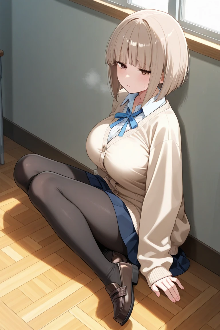 ((Capa)), ((Ilustration)), 1girl, (ta), ((((short white hair)))), (((blunt bangs))), yellow eyeessy hair)), ((((without expression)))), ((arms crussed)), (((sitting with legs crossed))), ((wearing white tights)), Sonolenta, ((ahoge)), ((black School uniform)), desleixada, ((melhor qualidade)), ((obra de arte)), (detalhado), rosto perfeito, ((style novel)), ((in Room))