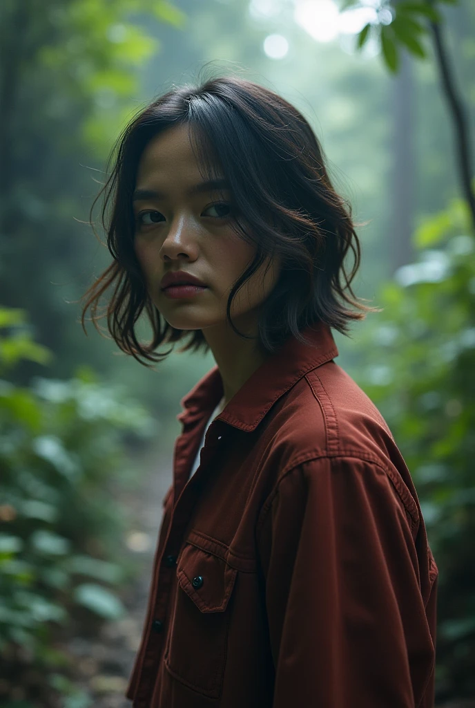 (hiquality,4k,8K,hight resolution,Masterpiece:1.2),Ultra-detailed,(Photorealistic:1.37),Portrait,Woman in jeans,Woman in leather jacket,Durable texture,Dirt and dirt stains, background,natural lighting,lustful expression on her face,earth tones,mossy swamp,Contrasting colors,Drops of water on the jacket,Realistic rendering,sharp-focus,Realistic facial features,Dynamic composition,Feeling isolated,Uneven terrain,foggy atmosphere,Subtle reflections.