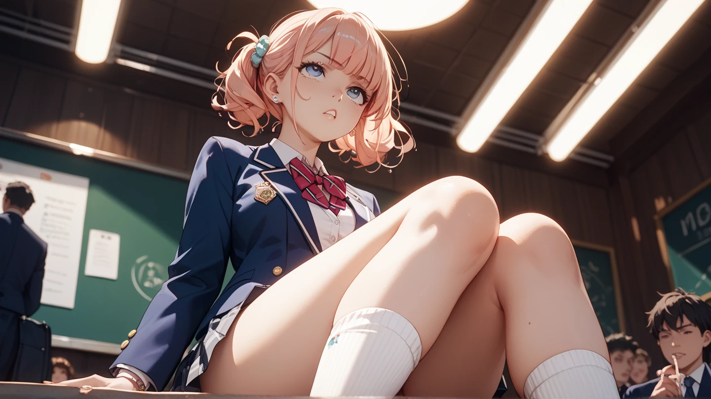nsfw,cherry blossom cream, Primary school students、8-year-old with short hair, ribbon, Green Eyes, hair ribbon, Pink Hair, Ahoge,
, shirt, white shirt, collared shirt, Jacket, Long sleeve,masterpiece,Noise Reduction,Perfect Anatomy,High resolution, Very detailed,Game CG,Beautiful attention to detail,Visual Arts,
(crowd)、 Cowboy Shot、(Pussy、pussy)、(from below),(arms behind back)、(Put your arms behind your head)、Sit on a chair、Spread your legs、(pussy juice)、embarrassed、