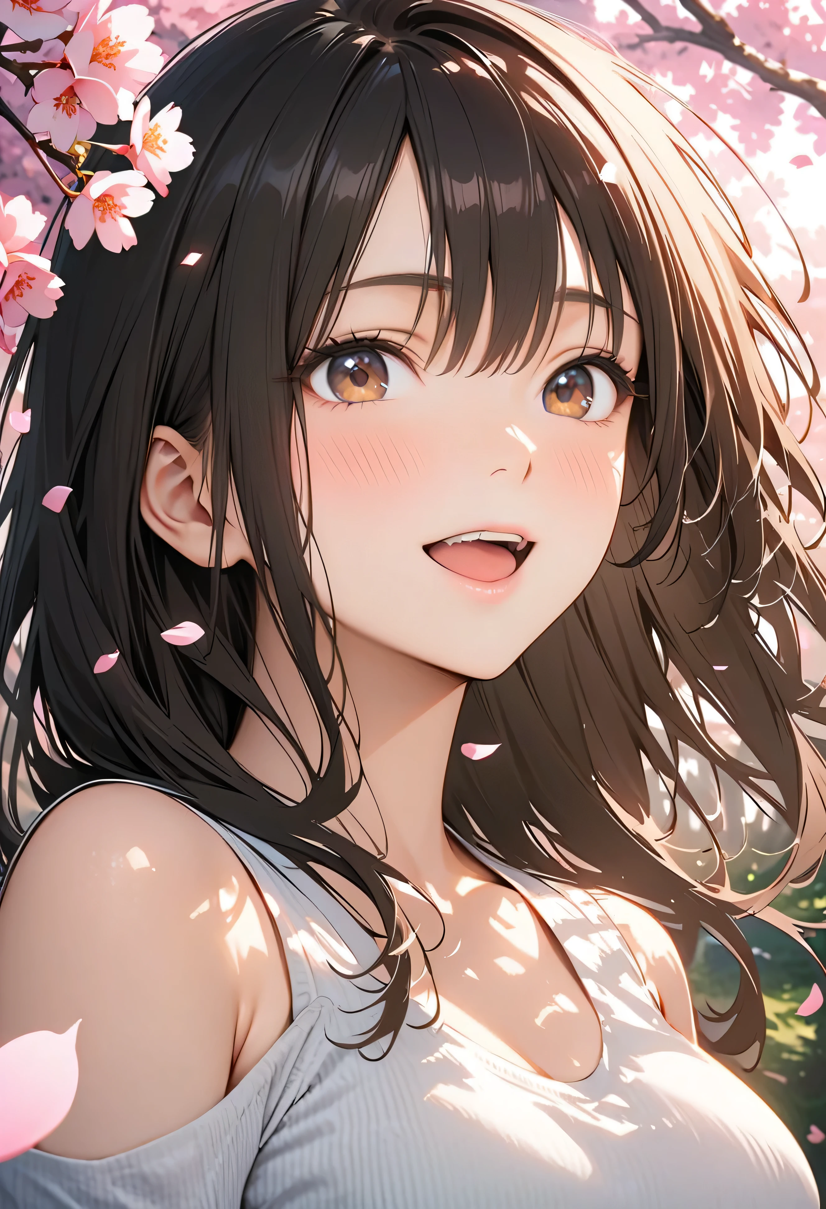 (top quality:1.2, 非常にdetailsな, Latest, lively, top quality, Best Aesthetics), 8K Ultra HD, 非常にdetailsな, perfect details, details, Bold composition, bright, Cherry Blossom Forest, cherry blossoms in full bloom, sunlight filtering through the trees, Cherry blossom petals dance , Cherry blossoms falling like snow, (perfect human structure), Beautiful and very delicate in texture, delicate and dynamic, one lovely woman, 非常にdetailsな目と顔, Dark Eyes, smooth skin texture, shiny skin, kind expression, dynamic angle smile, excited, black hair, young, realistic