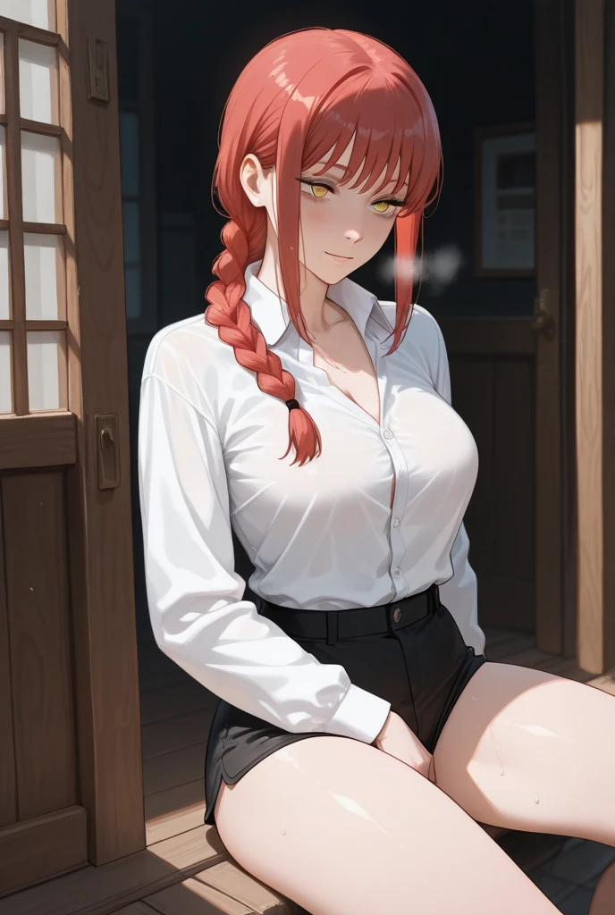 Makima、Blowjob、big breasts、nipple、pet pose、pant suit、Crouching、Bukkake、angry face