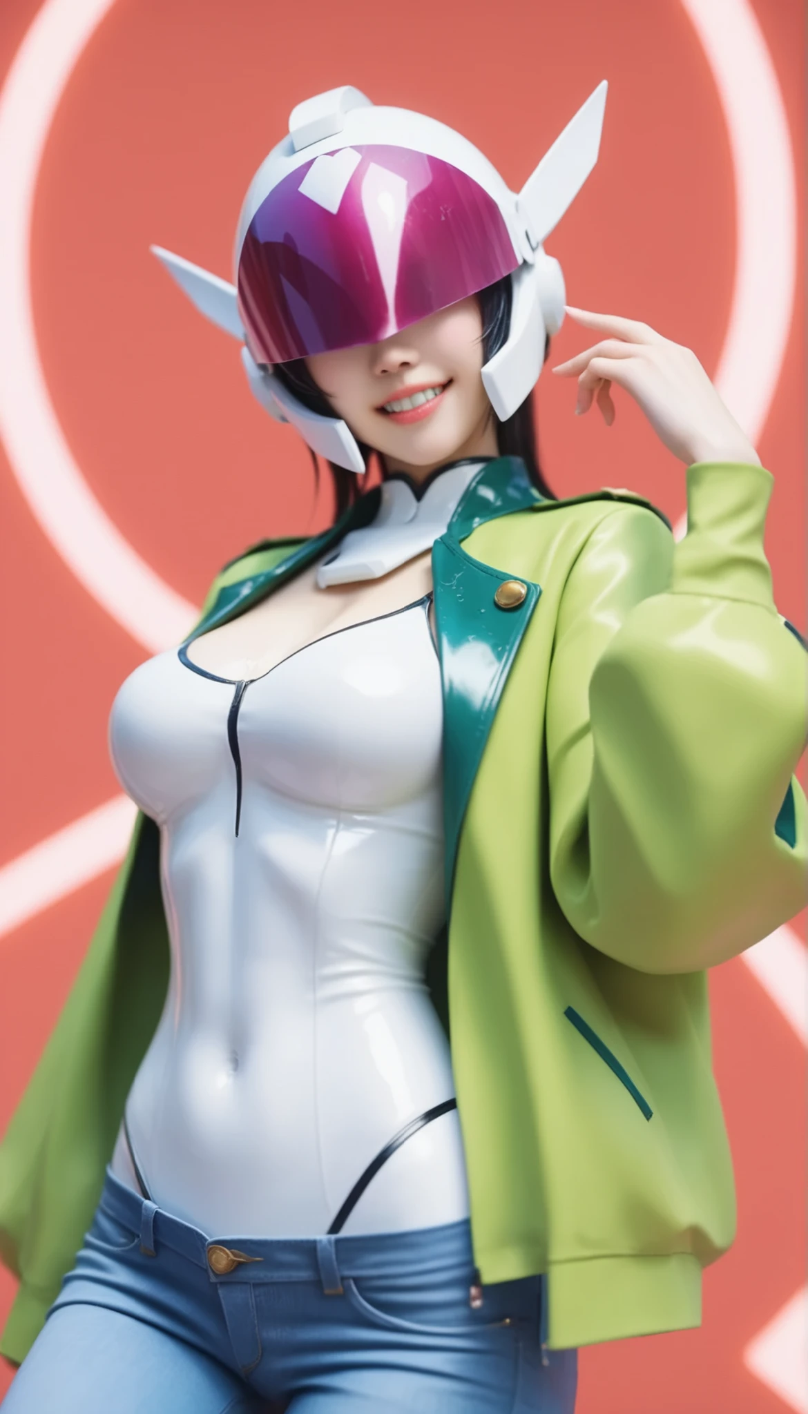 1 girl to improve Sa,solo,red background,Cowboy Shots,,Luan Yi 0812 ,White Bodysuit,skinny jeans,sci-fi novel,green jacket,open jacket,wet with Love Liquid,glteeth helmet,teeth, score_9,score_8_up,score_7_up,,8k,1 girl to improve Sa,solo,,