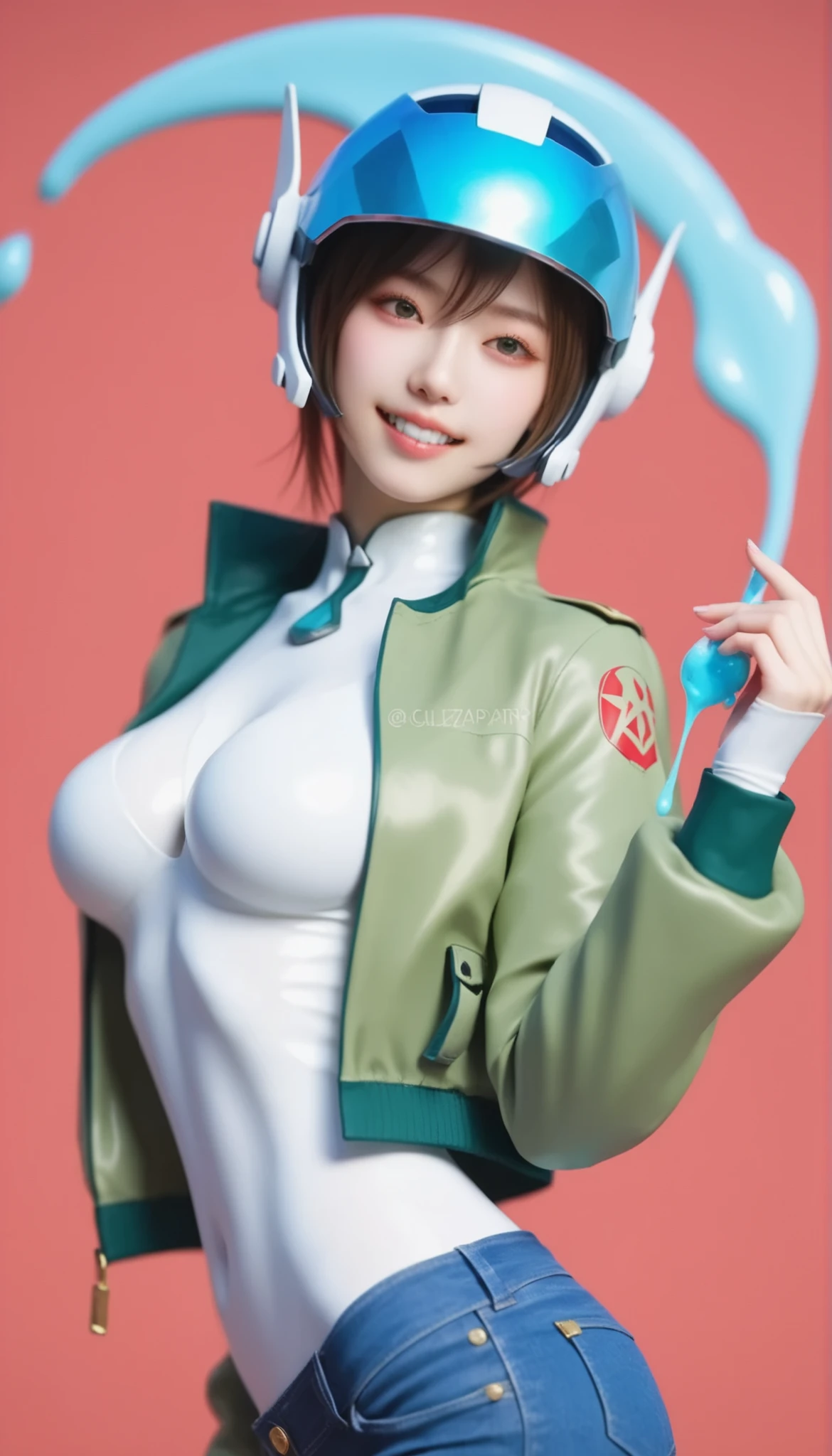 1 girl to improve Sa,solo,red background,Cowboy Shots,,Luan Yi 0812 ,White Bodysuit,skinny jeans,sci-fi novel,green jacket,open jacket,wet with Love Liquid,glteeth helmet,teeth, score_9,score_8_up,score_7_up,,8k,1 girl to improve Sa,solo,,