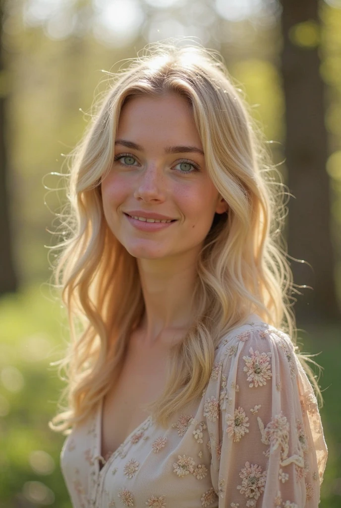 Nika is a young woman with sun-blonde hair, around 22–23 years old. Her deep blue eyes give her an enchanting gaze, and a kind smile seems to be a constant presence on her face. She wears a light, spring dress. The image should radiate joy, yet also carry a sense of intimacy, as if capturing a beautiful Easter morning moment bathed in soft, early light. In the background, a springtime park or forest can be seen with freshly green trees, where Nika is taking part in an exciting Easter egg hunt. Perhaps she has just discovered a hidden egg, or she’s following an intriguing clue.