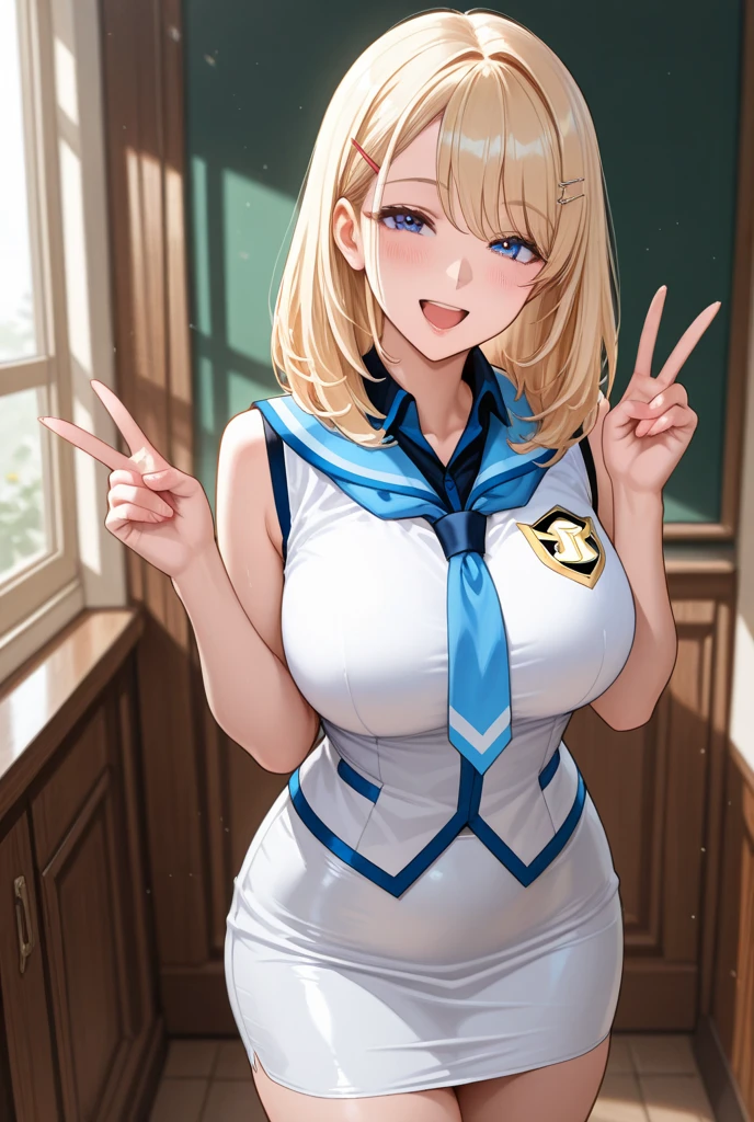 best quality, masterpiece, highres, solo, {colorado_kantaicollection:1.15}, blonde_hair, short_hair, braid, blue_eyes, side_braids, , large_breasts, hat, headgear, garrison_cap, grey_headwear, necktie, blue_necktie, sleeveless, open_mouth, blush, capelet, 1girl, looking_at_viewer, blue_one-piece_swimsuit, collarbone, one-piece_swimsuit, swimsuit, twitter_username, competition_swimsuit, dated, simple_background, white_background, covered_navel, one-hour_drawing_challenge