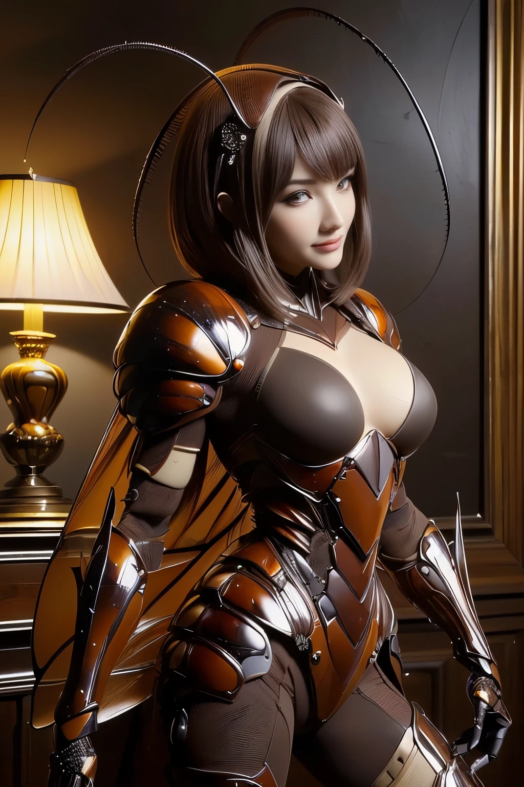 (high resolution,masterpiece,best quality,extremely detailed CG, anime, official art:1.4), realistic, photo, amazing fine details, all intricate, gloss and shiny,awesome many layers, 8k wall paper, 3d, sketch, kawaii, illustration,( solo:1.4), perfect female proportion,villainess, (fusion of dark brown cockroach and lady:1.4), (brown cockroach form lady:1.2), (brown cockroach lady:1.2), (fusion:1.2), (solo:1.4), (evil smile:1.2), muscular, abs, (cockroach brown exoskeleton bio insect suit:1.4), (cockroach brown exoskeleton bio insect armor:1.2), (brown transparency cockroach wing:1.4), (brown cockroach antennae:1.3),