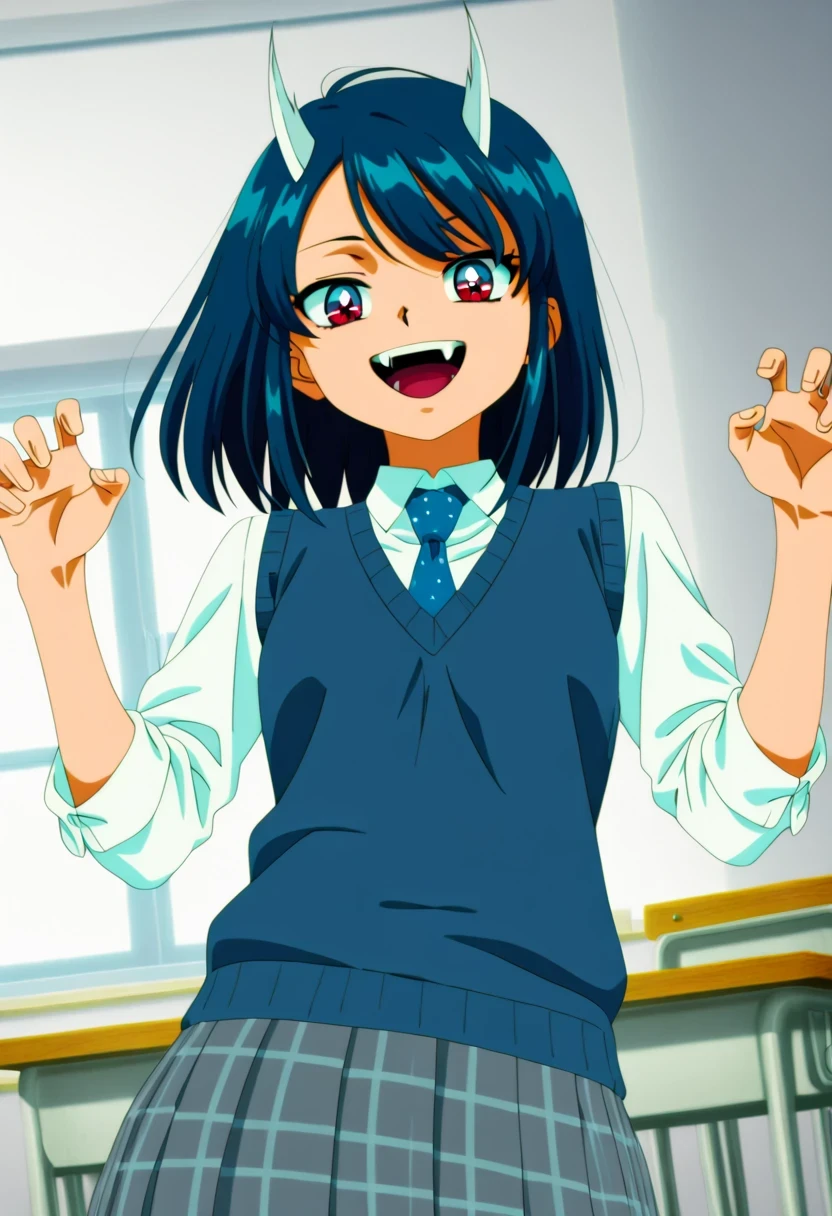 (1girl:1.5),
masterpiece,highest quality,Super detailed,32K,High resolution,an extremely delicate and beautiful,Official Art,Perfect ,
(Contrasting colors,octane rendering,Fully painted,anime coloring,anime screencap,Cel-shaded anime,retro artstyle:1.25),
perfect face,ultradeTailed eyes,beautiful,sexy,supermodel,athletic body,shiny skin,Dramatic light,(scale to fit the dimensions:1.2),
ruri_aoki, blue hair, blue eyes, multicolored eyes, gradient eyes, swept bangs, medium hair, dragon girl, dragon horns,
school uniform, blue sweater vest, white collared shirt, grey skirt, plaid skirt, pleated skirt, blue necktie, sleeves rolled up,
horns,skirt,solo,necktie,shirt,dark blue hair,white shirt,collared shirt,fangs,vest,plaid,red eyes,
joyful,classroom,day,open mouth,smile,dynamic pose,dynamic angle,
