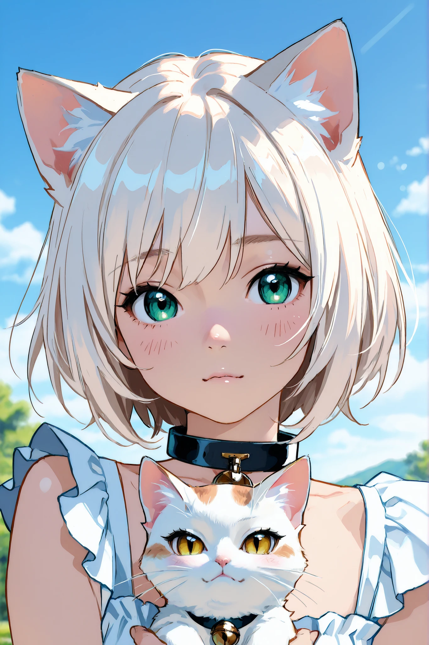 anime girl with cat ears and a collar holding a white cat, white cat girl, beautiful anime catgirl, digital anime art, very beautiful cute catgirl, anime style. detailed digital anime art, anime artstyle, digital anime illustration, very beautiful anime cat girl, cute anime catgirl, anime realism style, realistic anime 3 d style