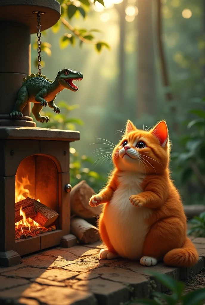 There is a big, cute, healthy orange fluffy cat with a bulging belly—she's very fat. She's in the jungle. There's a wooden stove with firewood underneath, and it's burning. Hanging above the stove is a small dinosaur, and it's roasting. Sunlight is shining all around.