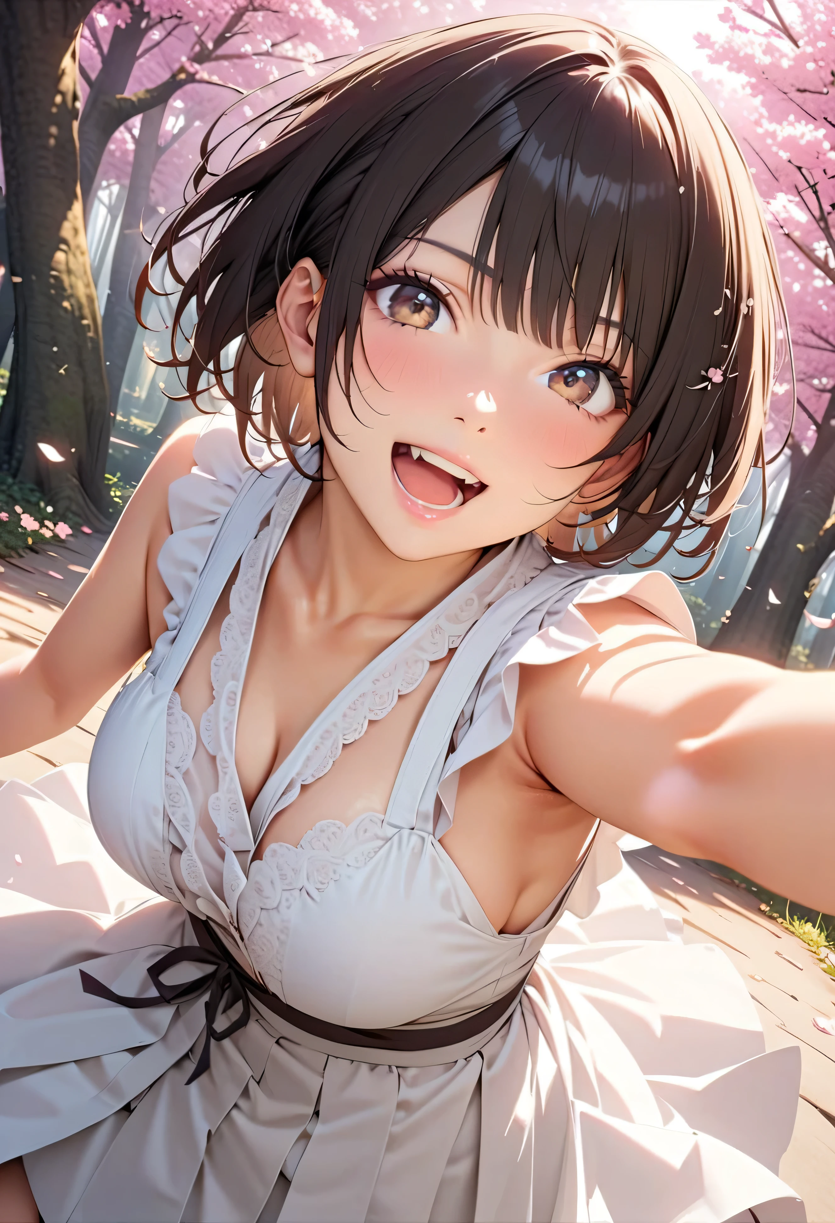 (top quality:1.2, 非常にdetailsな, Latest, lively, top quality, Best Aesthetics), 8K Ultra HD, 非常にdetailsな, perfect details, details, Bold composition, bright, Cherry Blossom Forest, cherry blossoms in full bloom, sunlight filtering through the trees, Cherry blossom petals dance , Cherry blossoms falling like snow, (perfect human structure), Beautiful and very delicate in texture, delicate and dynamic, one lovely woman, 非常にdetailsな目と顔, Dark Eyes, smooth skin texture, shiny skin, kind expression, dynamic angle smile, excited, black hair, young, realistic