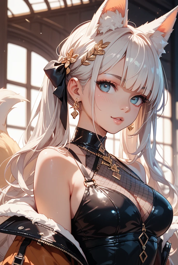 (masterpiece, top quality, best quality, official art, beautiful and aesthetic:1.2), extreme detailed, detailed background, detailed face, Jinyuan, female, feminely, mature, middle-aged, short_ponytail, bangs, hair_ornament, long_hair, hair_over_shoulder, tied_hair, white_hair, ((hair_over_one_eye)), white_hair, closed_mouth, smile, strong, sharp face, beautiful, Chinese, Relaxed appearance, meticulous, calm, General, black bunny girl costume, Confident, deep_in_thought, broad shoulder, large volume of hair, (solo), depth of field, yellow_eyes, ahoge, hair_ribbon, large breasts,solo
sitting on sofa,cute rabbit ears