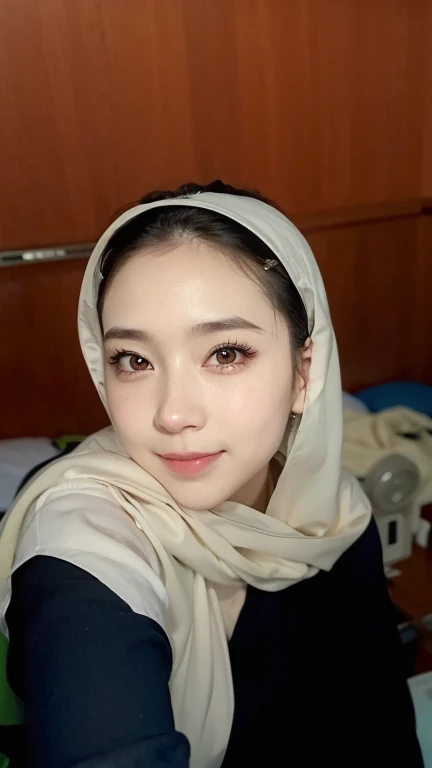 Upclose, sexy, close face, ((cleavage)), large breasts, sultry face, satin dress, kneeling, hijab, fellatio gesture