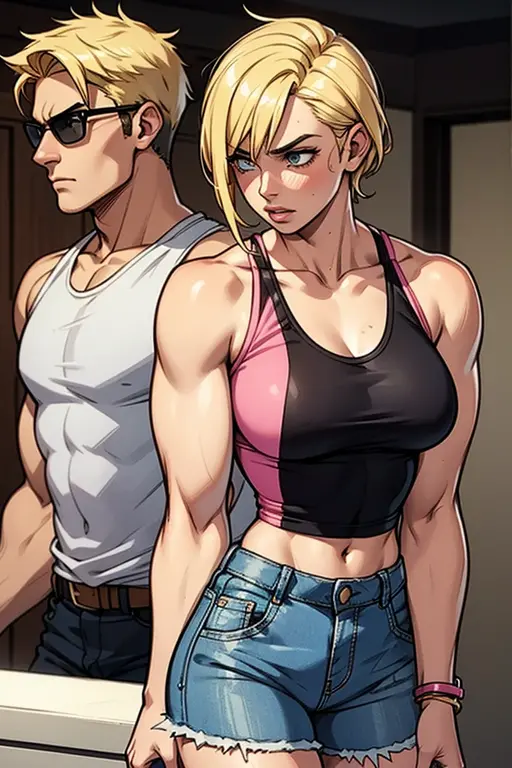 Young blonde and man with black hair and muscular, the girl wearing a pink tank top with a low neckline, defined breasts, wearing short denim shorts, the man wearing a white tank top, with a muscular body