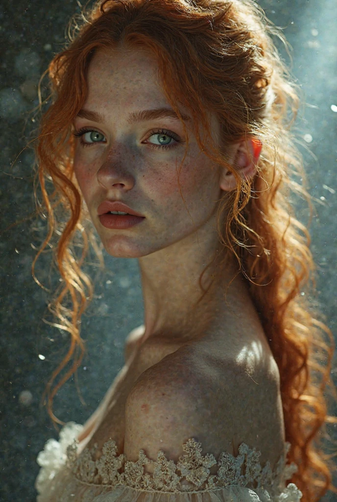8K high-definition,Natural light exposure,Realistic photos,sexy beauty,Delicate facial features,eBlue eyes,Slim build,Bigchest,Red long-haired,curlies,gracefulness,artistic pose,Transparent luminous large crystal,Transparent glow,Outdoor view,the ocean,The moonlight is hazy,tornado,tidal waves,Taiai 0.5