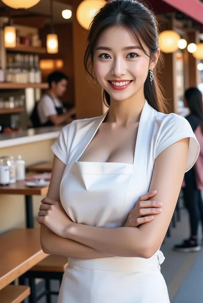 ((beautiful girl:1.3))((wearing a white mini shirt thin dress with chest bragging pose:1.4) (((smile:1.2)) ((medium chest:1.2)) ((close:1.3)) highest quality,masterpiece,ultra high resolution,(realistic:1.4),Raw photo,(real skin texture:1.3),(film grain:1.3),panorama,character portrait,very wide shot,tight waist,cowboy shot,(in the dark, deep shadow, discreet key, cold light,) night,(()),flowing tears,,dust,Tyndall effect,(Performance),,Beautifully detailed eyes and face,white jabot,brown eyes,((brown hair:1.2)) ((full body:1.3))((gold necklace＿Large earrings:1.2)),((Long brown hair:1.2))((Hair with loose waves inside:1.2))(((In a crowded café at dusk:1.3))((lace breasts, large loose open chest, get glimpses of breast,Buttons up to the middle of the shirt:1.3))((full figure supermodel standing, entire body in frame))