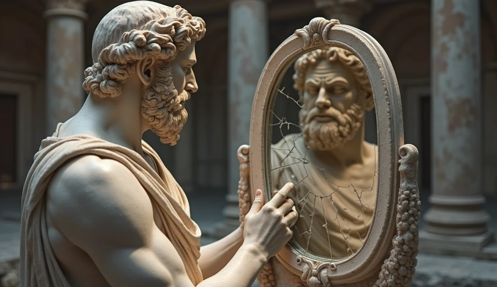 A 16:9 landscape format, the Stoic philosopher stands before a large, ancient mirror in a darkened room, his reflection showing a weary, pained expression. The room, adorned with elements of Roman architecture, is shadowy, with a single light source illuminating the philosopher and his reflection. His tunic drapes over his well-defined shoulders, subtly revealing his muscular form. The mirror's surface is slightly tarnished, symbolizing the inner conflict. The philosopher's hand hovers near the glass, as if seeking strength from his reflection. The background fades into darkness, leaving the focus on the philosopher and the mirror, representing the struggle to accept the painful truth.