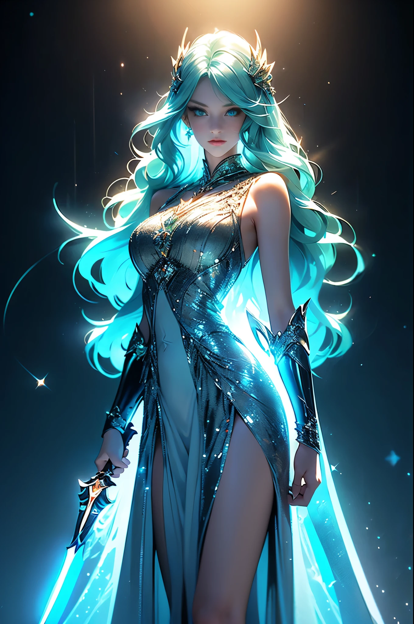 ((Holding a shining dagger))..(fine art, super high quality photos, CGI effects, Lighting Effects, shading effects), Beautiful women, green eyes..4k.. ((long wave ice blue hair)) , white dress .Long eyelashes.super sages....hair accessories..InvincibleAll-Knowing and All-Powerful...((Accurate positioning: legs, arms, fingers))