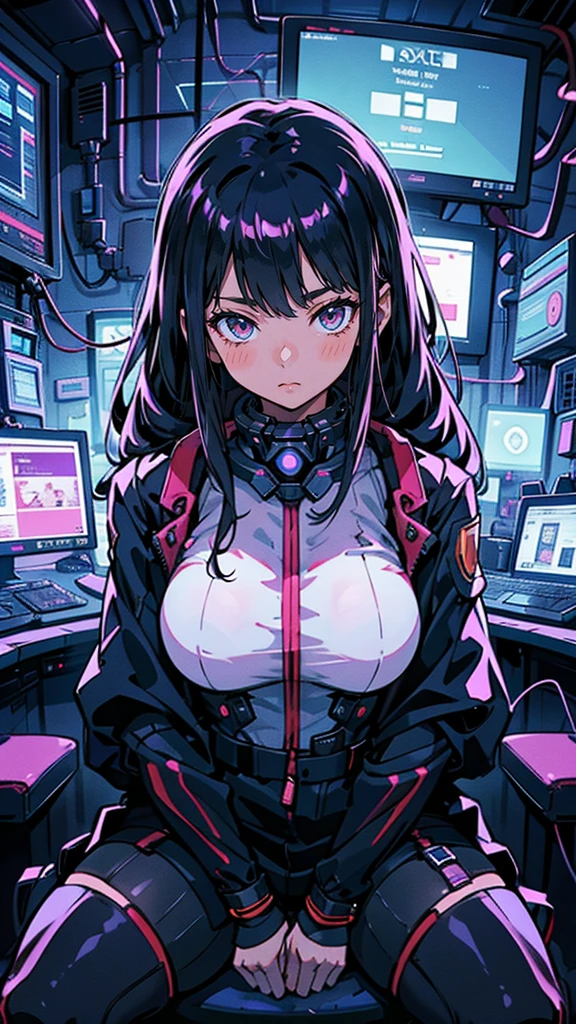 ((Finest quality)),(超A high resolution),(ultra-detailliert),(Meticulous portrayal),((Best Anime)),(Finest works of art),(Ultra-Precision Art),(The art of astounding depiction,Overwhelming depiction:1.5), (top quality cyberpunk:1.5), (Female Hacker:1.5),(form-fitting latex suit:1.5),Connecting jack on neck:1.6,(monitor screen floating in the air:1.8)