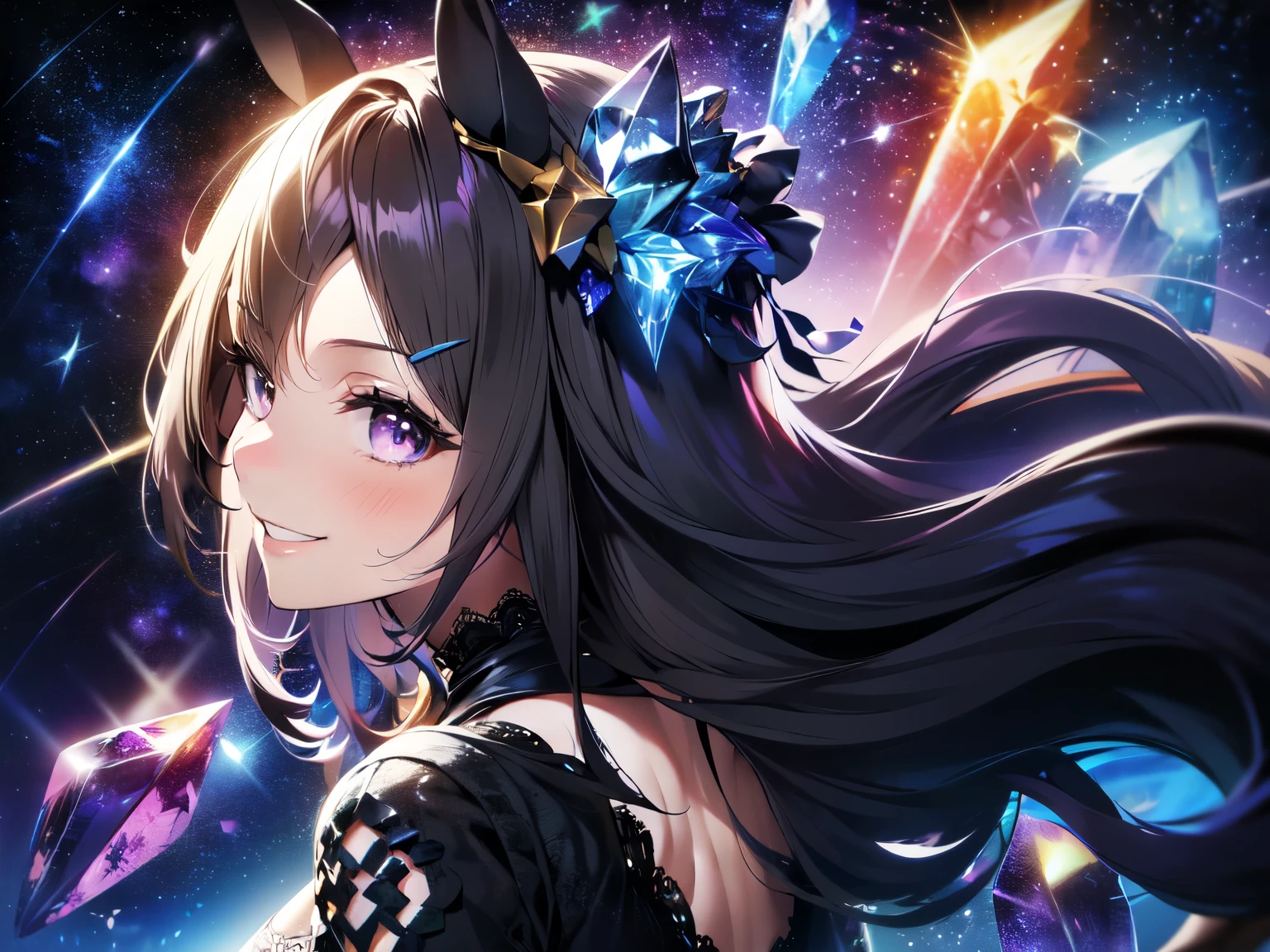 (Solo: 1.5), (Small: 1.5), (Horse ears: 1.5), (Small face, chubby, big breasts: 1.5), (Breasts visible through clothes),(Looking at camera), (Arms between legs: 1.5), (Turning away: 1.5), (Smiling: 1.5), (Long black hair: 1.5), (Blue lace long sleeve dress: 1.5), (Black see-through lace pantyhose: 1.5), (Dark purple background, crystals, crystal space, starry sky: 1.5), (Strong wind), (Accurate anatomy: 1.5), (2D animation: 1.5), (Amazing, high quality, high resolution, best quality),(Close up of upper body from back)