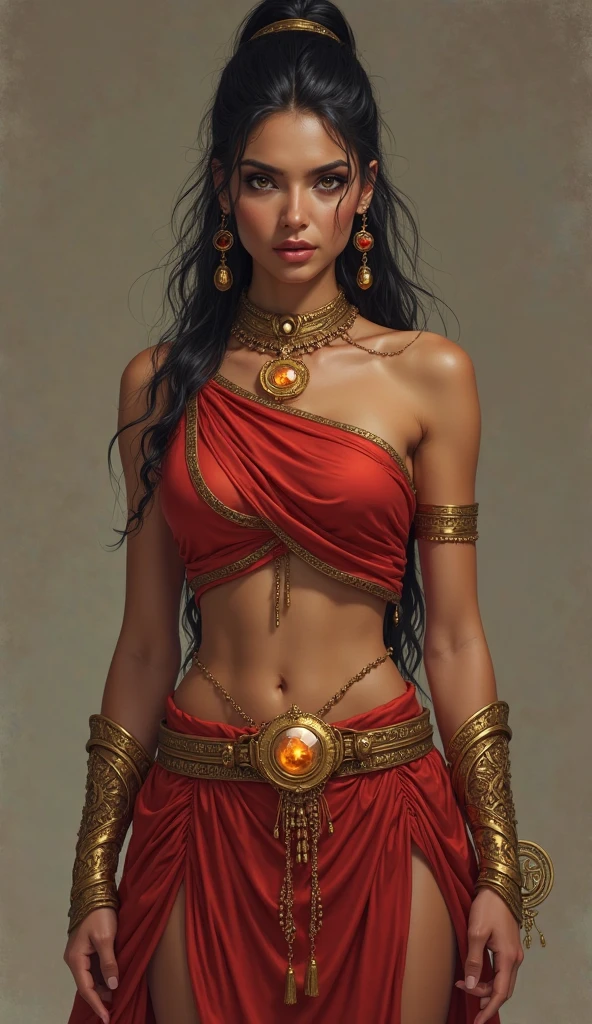 Middle Eastern, Persian. concept art , digital painting
- Her face is finely structured, with high cheekbones, a narrow jawline, and a smooth complexion.
- Her eyebrows are defined, and her eyes, although not vividly colored in this rendering, retain an intense and sharp gaze that conveys intelligence and purpose.Blue eyes
- Her lips are full, closed in a neutral yet determined expression.
- Her hair remains tied back in a simple and practical style, with a single long lock falling down the center of her face — iconic and memorable. The hairstyle balances function and beauty.
- Her clothing is consistent with her previous appearance:
  - A crimson red, asymmetrical wrap top with gold accents, leaving her shoulders and midriff exposed.
  - The top crosses over her chest diagonally, offering support while staying stylish.
  - Her skirt is a matching red, mid-thigh length with a dramatic high slit on the side — a balance between freedom of movement and visual elegance.
  - Gold embroidery runs along the hem and side of the skirt, forming decorative, looping patterns.
- Around her neck is a glowing white pendant — likely of magical or symbolic importance. It stands out clearly against her skin and draws the eye.
- She wears large, dangling red-gold earrings that catch the light, and golden bracers or thick bangles on her wrists.
- Her overall accessories reflect status, heritage, or mystical connection.
- Her outfit and demeanor strongly suggest that she is both a warrior and a noble — perhaps a princess, a royal guardian, or a rebel leader.
- Her exposed yet armored look indicates she has chosen practicality and battle-readiness while still embracing her heritage and femininity.
