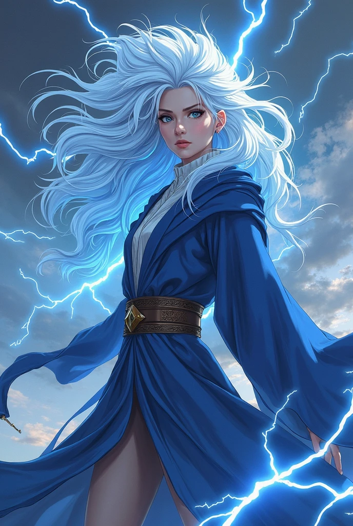 Professor Elowen Mistralight, a 2 elf, Delicate, medium-height elf with silver hair., mysterious and penetrating light blue eyes, He wears a tunic with drawings of wind and water., sky blue skinny pants, long, with navy blue riding boots, the boots reach the knee, a magic wand and a castle background, animated style. Individual image of her full body.. He is in action pose.. Has one leg raised with the knee bent., His mouth is slightly open as if he had been exercising a lot.... He has light skin. She has her hair loose and waving in the wind.... feminine and sexy body.