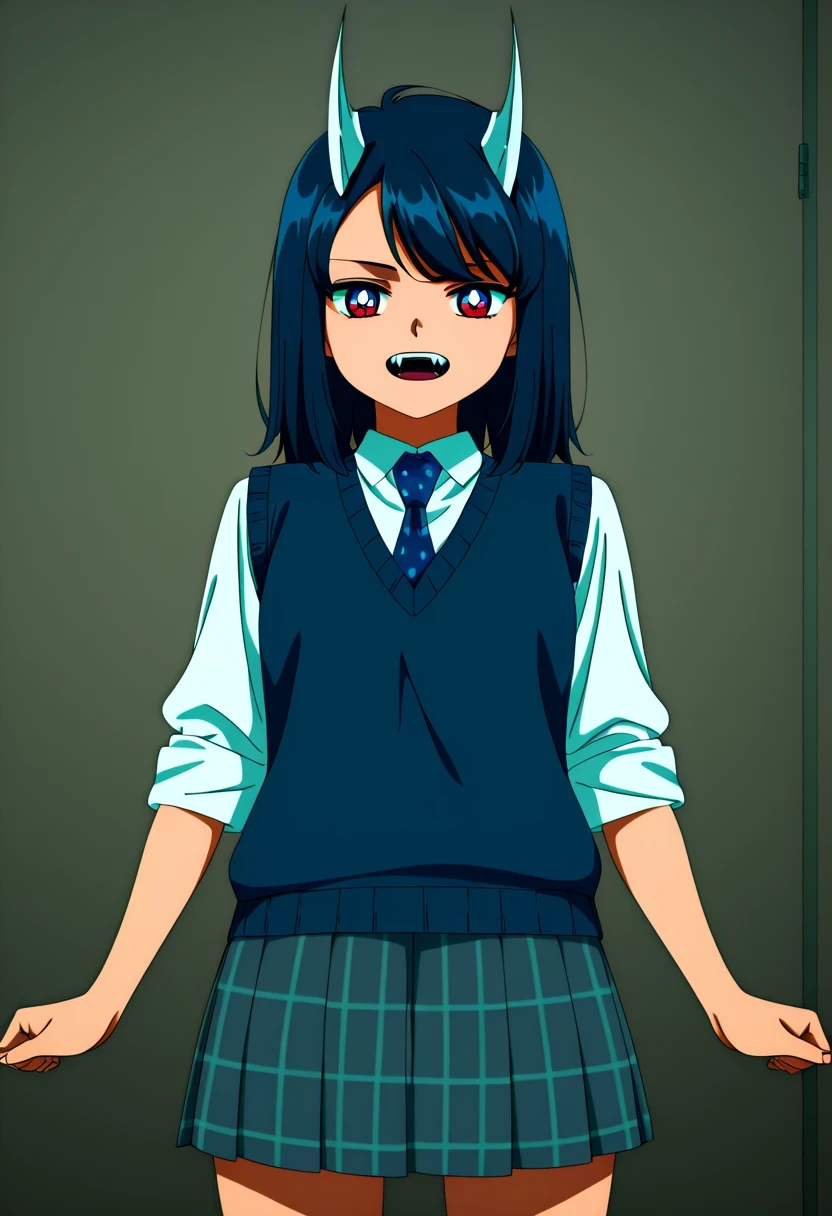 (solo:1.5),
masterpiece,highest quality,Super detailed,32K,High resolution,an extremely delicate and beautiful,Official Art,Perfect ,
(Contrasting colors,octane rendering,Fully painted,anime coloring,anime screencap,Cel-shaded anime,retro artstyle:1.25),
perfect face,ultradeTailed eyes,beautiful,sexy,supermodel,athletic body,shiny skin,Dramatic light,(scale to fit the dimensions:1.2),
ruri_aoki, blue hair, blue eyes, multicolored eyes, gradient eyes, swept bangs, medium hair, dragon girl, dragon horns,
school uniform, blue sweater vest, white collared shirt, grey skirt, plaid skirt, pleated skirt, blue necktie, sleeves rolled up,
horns,skirt,solo,necktie,shirt,dark blue hair,white shirt,collared shirt,fangs,vest,plaid,red eyes,