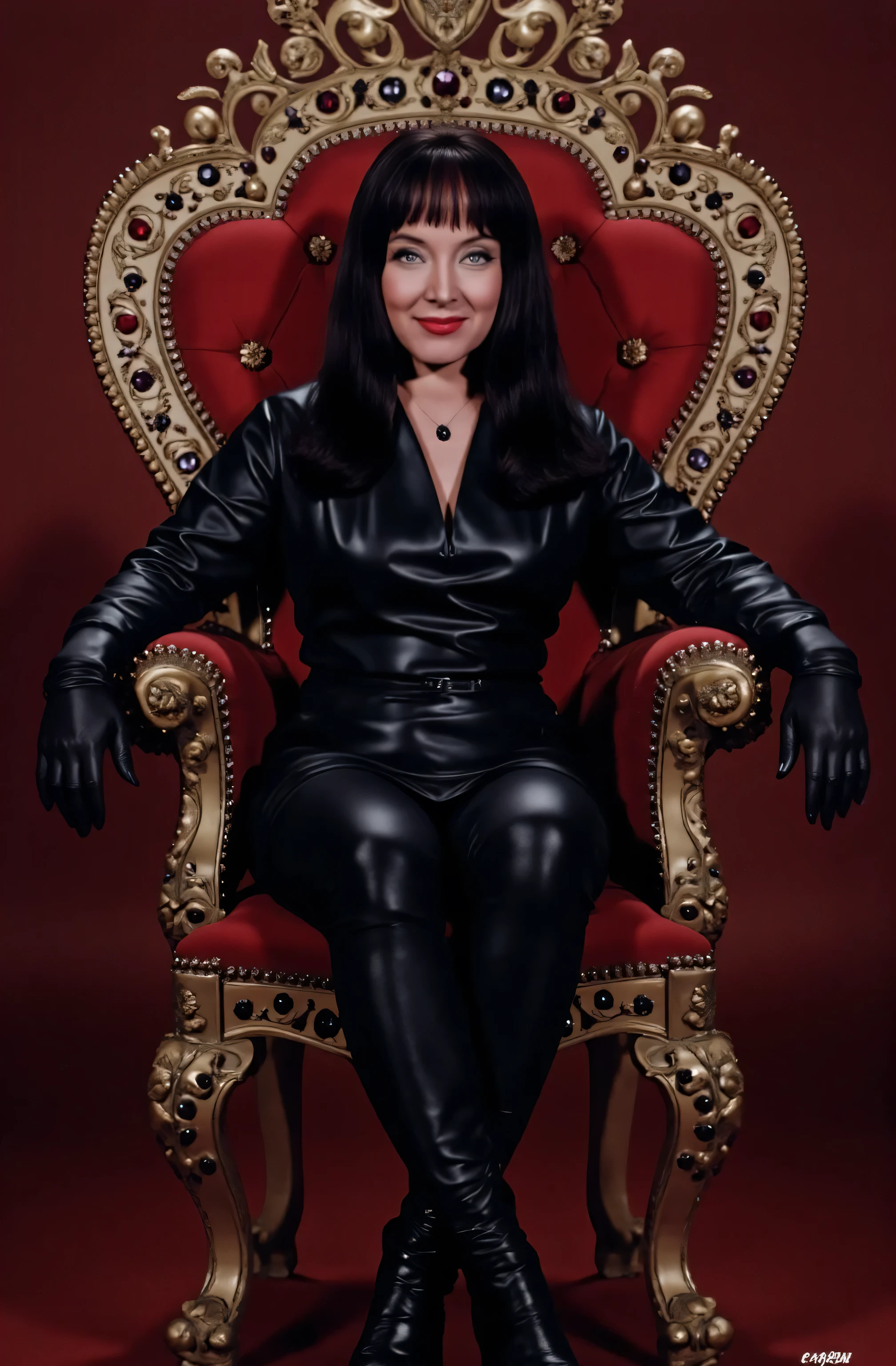 Marsha Queen Of Diamonds wearing black leather jacket, wearing a black leather pants, wearing black leather boots up to her knees, wearing black leather opera gloves. sitting on a throne, she is smiling.