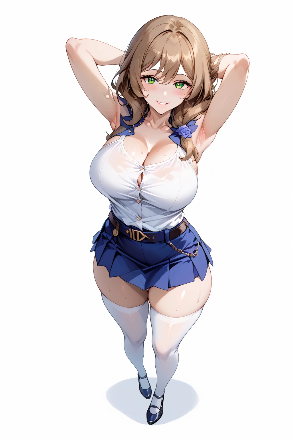 ((masutepiece, Best Quality, hight resolution, nffsw, Perfect Pixel, depth of fields, 4K, )), 1girl in, Solo, , Beautiful anime girl, Beautiful Art Style, close up, Looking at Viewer, Perfect body, Short hair, brown hair, ponytail, mole on face, blue eyes, (large boob), Full face blush, Smile, thighs thighs thighs thighs, navy playboy bunny, red bowtie, garter belt, white background, bent over, hands on hips, side shot, Focus,