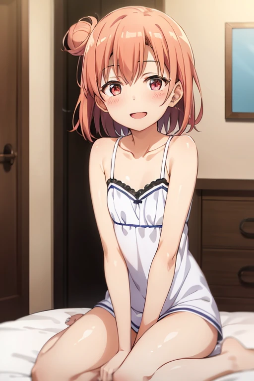 ((highest quality)), ((masterpiece)), (be familiar with), Perfect Face, indoor, Bedroom, Watching the audience,
One woman, Yuigahama Yui,
Open Mouth, Ecstatic expression, blush, smile,
Small breasts, Flat Chest, Young Girl, , , Girl,
Short Hair, Salmon-colored hair, Salmon-colored eyes, Side Pony,
Leg spread,