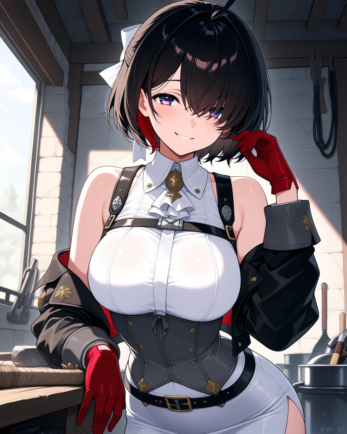A photo of a young, nerdy woman sitting in a cafe, wearing a white shirt and a bow, surrounded by a cozy atmosphere, looking at the viewer.
short hair, slender, red lips, transparent fabric, flirting with the camera, wing hair accessories, moderate breast