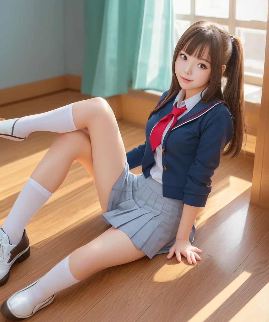 NSFW、High School Uniform Cosplay、panties on、pose sensual、Squatting panty shots、Do not hide the lower body、(8K、top-quality、masterpiece:1.3)、panties focus、cute face、Brown Medium Layer Cut Hair、The best smile、Professional Writing、Photography Studio、(Very bright white wall background:1.3)
