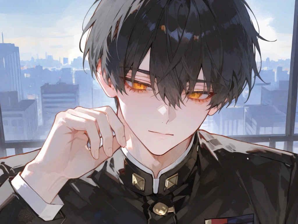 점수_9, 점수_8_위로, 점수_7_위로, Solo, Watercolor, 1 male, short hair, black hair, orange Eyes, wear black simple sf uniform, skin, Simple Accessories, city background, (master piece), handsome, best quality, perfect face, adult male, full-body portraits, delicate hand, overwhelming, 초상화, 중간 가슴, 