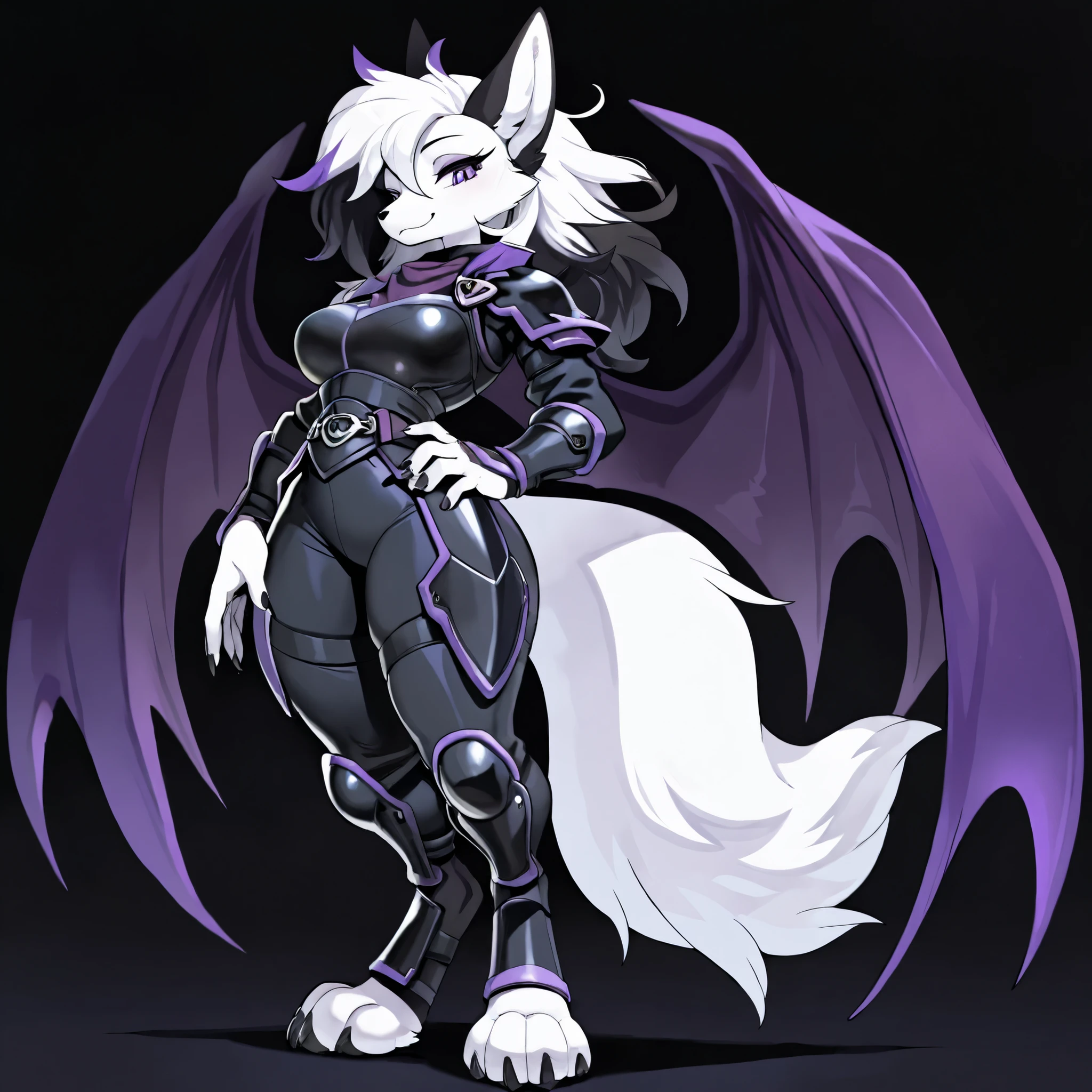 masterpiece, best quality, anime style, anime shading, full body picture, buxom body type, strong legs, thick calves, centered, three-quarters view, 1girl, anthro, furry female, fox female, white fox, bat ears, purple eyes, white fur, white skin, long black hair with purple highlights, standing pose, small smile, tall with large breasts, large purple bat wings, white paws, black claws, black nose, digitigrade legs, digitigrade paws, big foot paws, wearing black body armor with purple trim, black bodysuit, (waist armor with hip guards), dark background