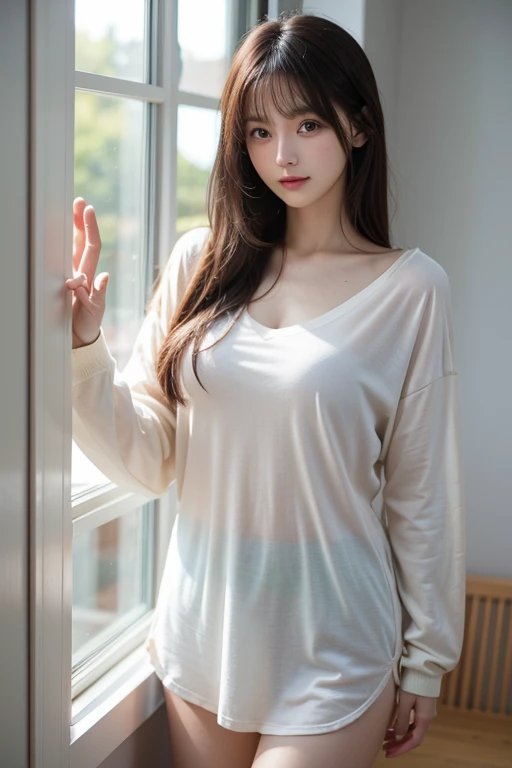 There is a woman sitting with her hair pulled back., Transparent long T-shirt、下半身はWear nothing、Sitting on the bed、shikamimi, Korean Girls, sakimichan, beautiful south Korean women, Korean women, Yoshitomo Nara, For whom?, harumi, Hair, Park Jimin, Choi Hong-hwa, narumi kakinouchi、Semi-long hair、Loose and fluffy hair、breeze、Bedroom、Wear nothing、No underwear、No bra、Open clothing、Angle from below、Center of chest、Quite embarrassing、
